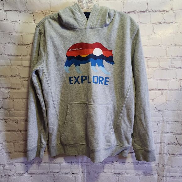 Eddie Bauer Hoodie Boys Large Grey Explore Graphic Print Fleece Pullover - Picture 1 of 10